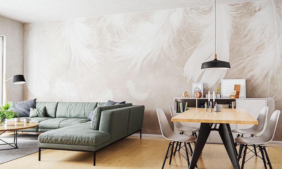 Modernes Wohnzimmer und Essbereich mit einer Design-Wandbespannung Federn