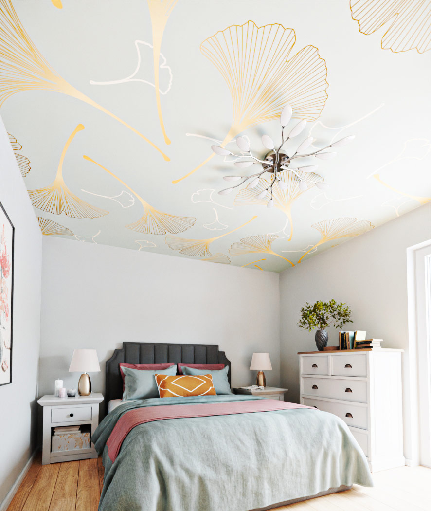 Ein elegantes Schlafzimmer mit einer spektakulären Ginkgo-Design-Spanndecke.