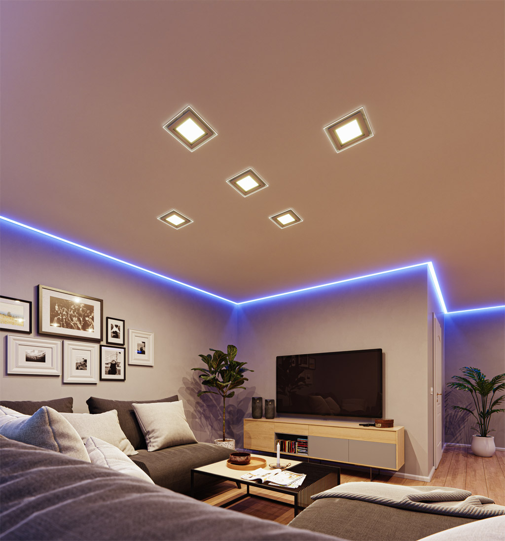 Ein stilvolle Spanndecke mit LED-Glaspaneel und mit integrierten Lichtkanälen, die eine moderne und ansprechende Beleuchtungslösung für jeden Raum bieten.