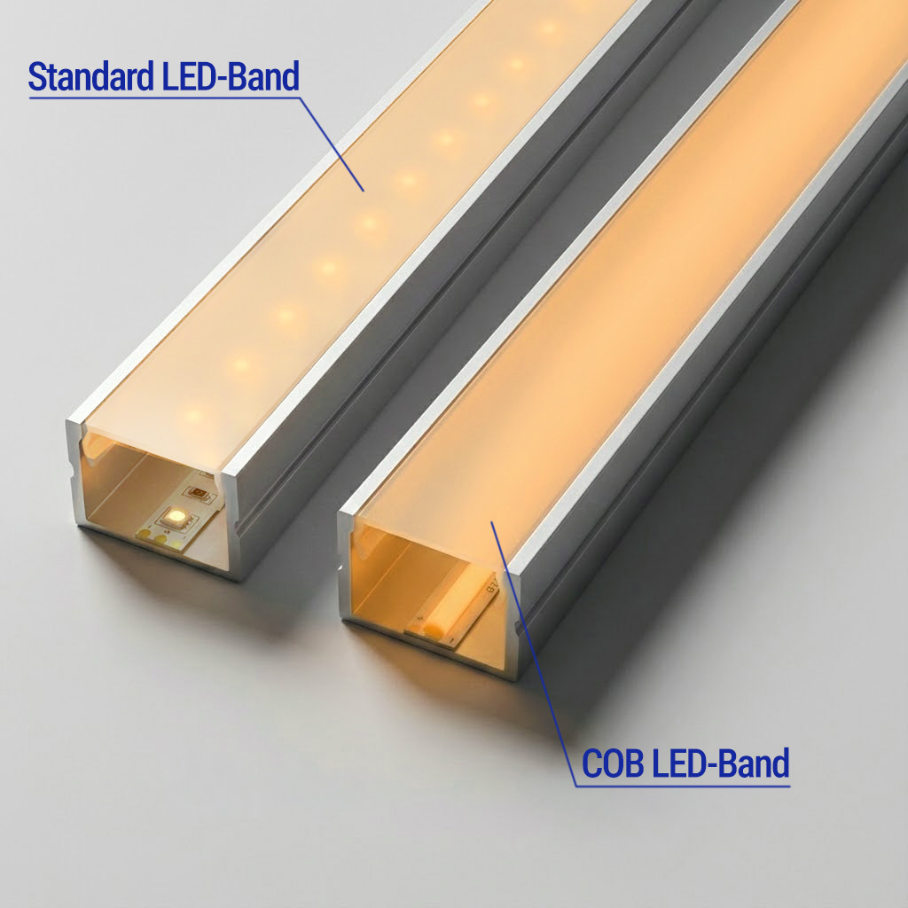 Vergleich Standard LED-Band mit Punkten gegen homogenes COB LED-Band im Aluprofil