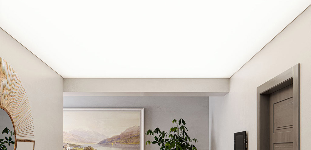 Wohnzimmer mit weißer Spanndecke