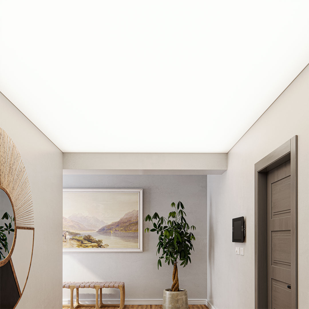 Eine moderne Lichtdecke im Flur, die den Raum mit sanftem und angenehmem Licht erhellt und eine einladende Atmosphäre schafft.