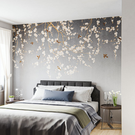 Schlafzimmer mit dem Motiv Design-Wandbespannung Blüten und Vögel als Designwandbespannung