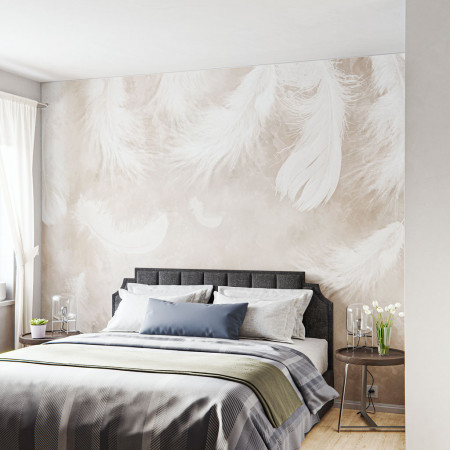 Schlafzimmer mit dem Motiv Federn als Designwandbespannung