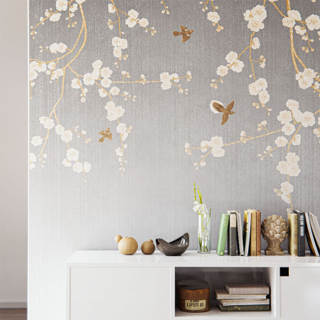Sideboard mit dem Motiv Design-Wandbespannung Blüten und Vögel als Designwandbespannung
