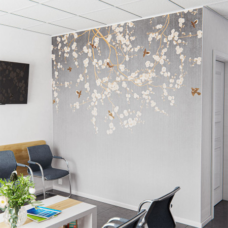 Wartezimmer mit dem Motiv Design-Wandbespannung Blüten und Vögel als Designwandbespannung
