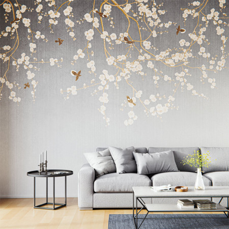 Design-Wandbespannung Blüten und Vögel