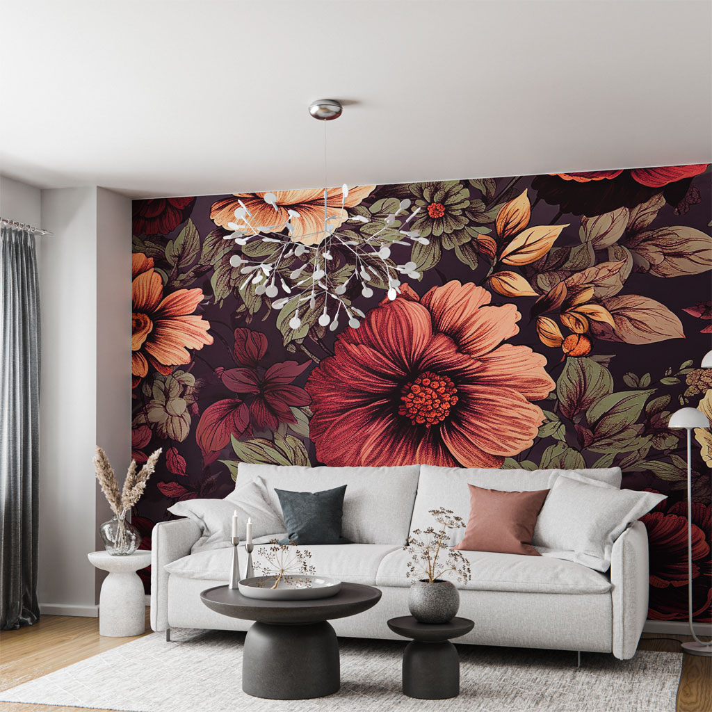 Ein geschmackvoll eingerichtetes Wohnzimmer mit einer Blumen-Design-Wandbespannung.