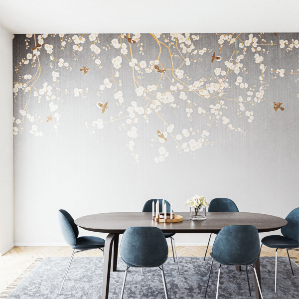 Esszimmer mit dem Motiv Design-Wandbespannung Blüten und Vögel als Designwandbespannung
