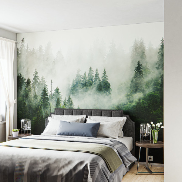 Schlafzimmer mit dem Motiv Mystischer Wald als Designwandbespannung