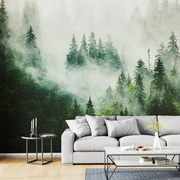 Wohnzimmer mit dem Motiv Mystischer Wald als Designwandbespannung