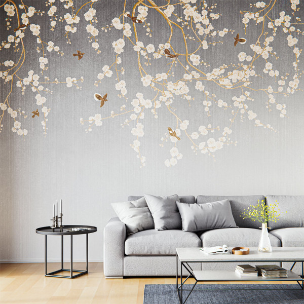 Wohnzimmer mit dem Motiv Design-Wandbespannung Blüten und Vögel als Designwandbespannung