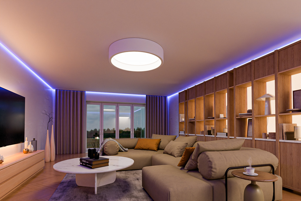 Wohnzimmer mit indirekter RGB Deckenbeleuchtung in Lila