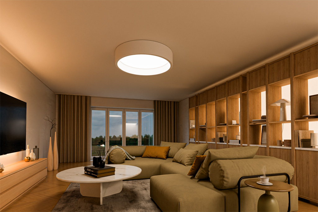 Wohnzimmer mit indirekter Beleuchtung in Warmton