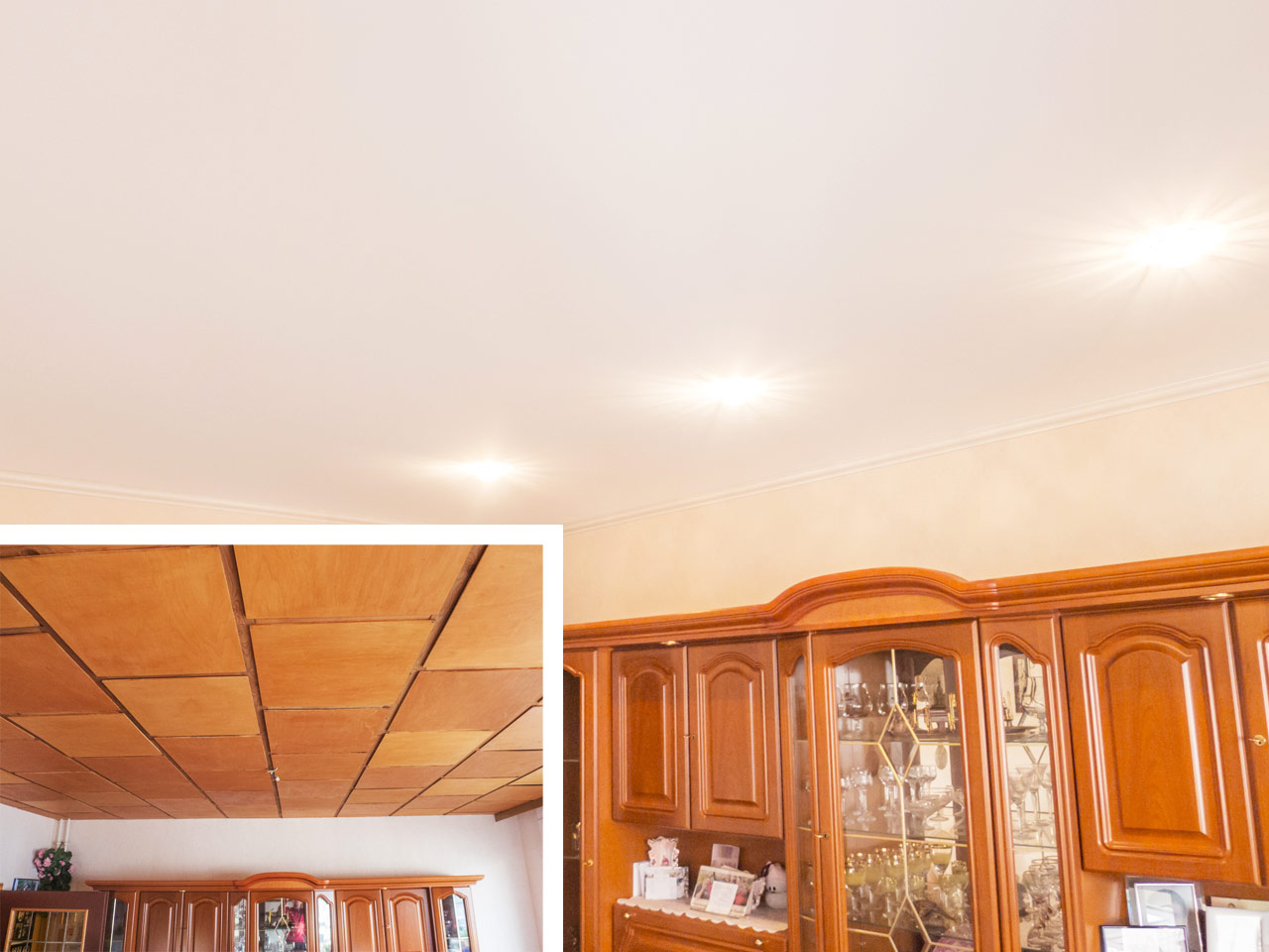 Eine renovierte Holzpaneeldecke, die durch eine moderne Spanndecke erneuert wurde und dem Raum ein elegantes und zeitgemäßes Erscheinungsbild verleiht.